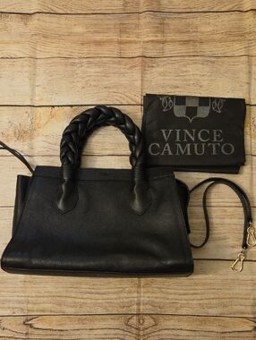 Vince Camuto Black Braided-Handle Leather Satchel